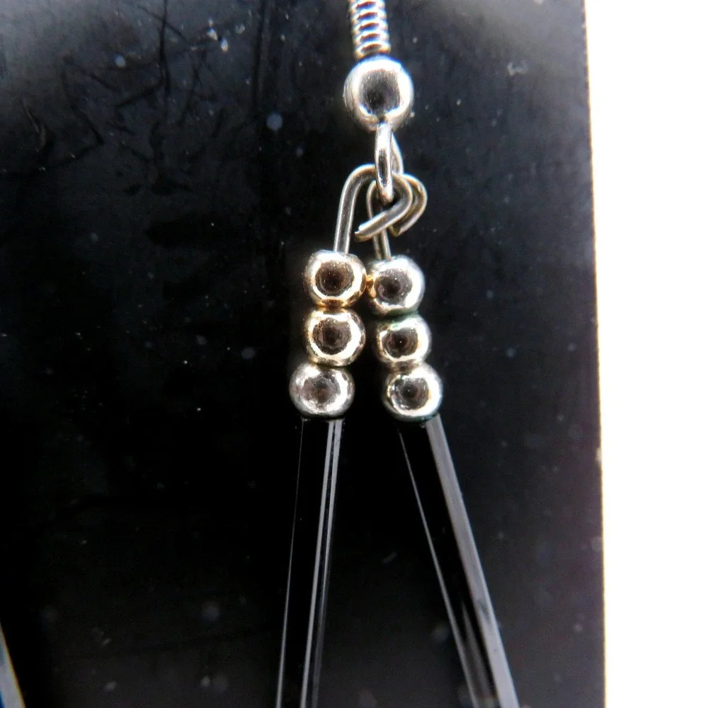 Vintage Black Bugle Bead Dangle Earrings Silver Tone Accents 2 Inch